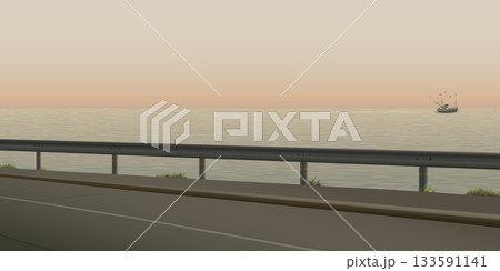 Seascape with silhouette coastal road and fishing boat followed by seagulls at sunset graphic illustration. Seascape with silhouette coastal road and fishing boat followed by seagulls at sunset graphic illustration. 133591141
