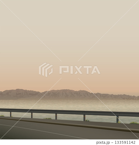 Seascape with silhouette coastal road at sunset have mountain ranges far away square background graphic illustration. 133591142
