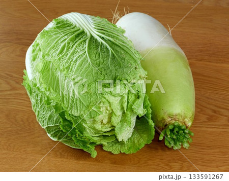 Chinese cabbage and radish on wooden background, close-up 133591267