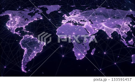 A purple world map is displayed with connecting lines and dots to show global 133591457