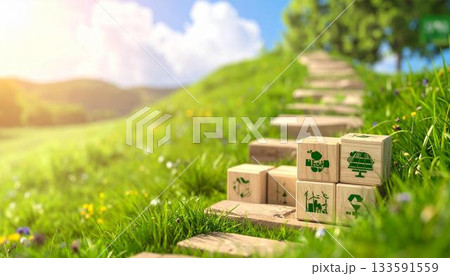 A path of wooden steps with nature symbols on blocks leads into a lush 133591559