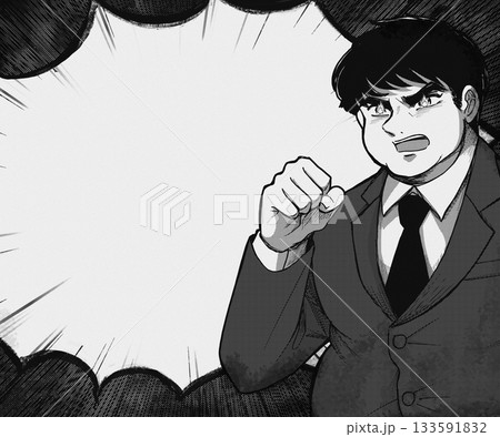 太った熱血ビジネスマンの吹き出しイラストバナー 133591832