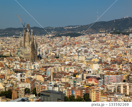 Elevated view of city of Barcelona, Spain. 133592169