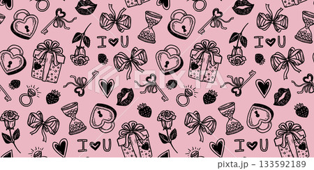 Valentine Day seamless pattern with coquette bow and rose in doodle sketch style. Black on pink hand drawn outline with cute romantic elements. Ideal for wedding card background or wallpaper print. Valentine Day seamless pattern with coquette bow and rose in doodle sketch style. Black on pink hand drawn outline with cute romantic elements. Ideal for wedding card background or wallpaper print. 133592189
