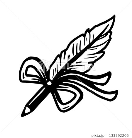 Fountain pencil with feather and bow vector illustration in doodle sketch style hand drawn outline in black and white. Simple art for stationery design. Great for romantic card and writing concept. Fountain pencil with feather and bow vector illustration in doodle sketch style hand drawn outline in black and white. Simple art for stationery design. Great for romantic card and writing concept. 133592206