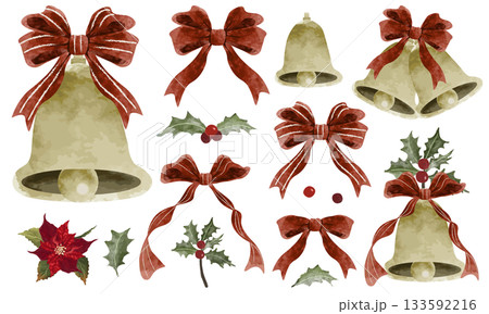 水彩で描いたジングルベルとリボンのクリスマス素材セット 133592216