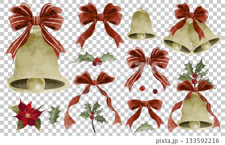 水彩で描いたジングルベルとリボンのクリスマス素材セット 133592216