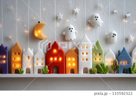 カラフルな毛糸で作られた美しい街並みのハロウィンの夜（3D）（まみおデザイン街並みシリーズ） 133592322