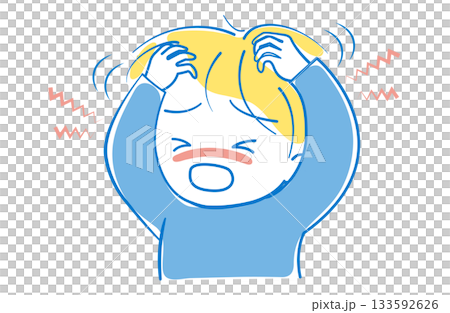 A boy with an itchy head scratching with both hands A boy with an itchy head scratching with both hands 133592626