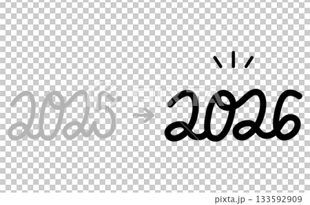 手寫黑色數位年份設計，箭頭從 2025 年過渡到 2026 年。 133592909