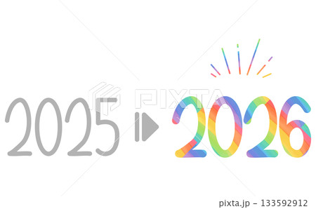 2025から2026年へ変更の矢印の手書き年号の虹色数字デザイン 133592912