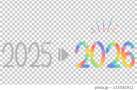彩虹色數位設計，帶有手寫年份數字和箭頭，從 2025 年過渡到 2026 年。 133592912