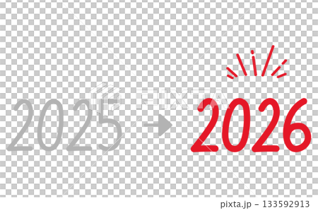 Handwritten red number design of the year with an arrow changing from 2025 to 2026 133592913