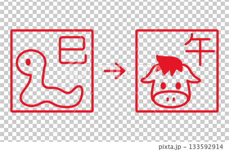 Zodiac Snake to Horse stamp illustration material 133592914