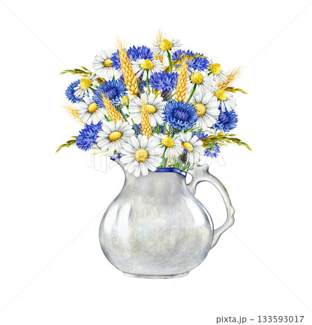 Fresh cut chamomile flowers with blue cornflowers, wheat ears in white porcelain vase watercolor illustration. Hand drawn vintage style meadow wildflowers in a jar isolated on white background Fresh cut chamomile flowers with blue cornflowers, wheat ears in white porcelain vase watercolor illustration. Hand drawn vintage style meadow wildflowers in a jar isolated on white background 133593017
