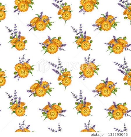 Calendula and lavender flowers seamless pattern watercolor vintage style illustration. Hand drawn fresh calendula garden flowers mixed with lavender stems floral bright element on white background Calendula and lavender flowers seamless pattern watercolor vintage style illustration. Hand drawn fresh calendula garden flowers mixed with lavender stems floral bright element on white background 133593046