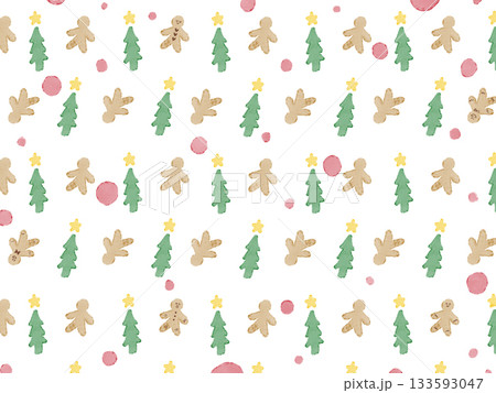 白背景にカラフル手描きイラストパターン。水彩のクリスマスツリーとジンジャーブレッドマンと赤いドット 133593047