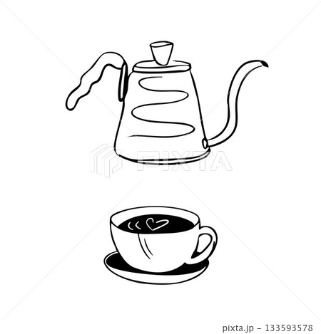 Graphic elements for a coffee shop. V60 coffee, funnel, teapot with a long spout. Graphic elements for a coffee shop. V60 coffee, funnel, teapot with a long spout. 133593578