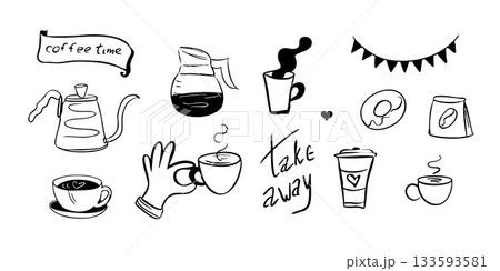 Doodle style graphic elements for coffee shops, coffee to go, donuts, lattes, and cappuccinos. 133593581