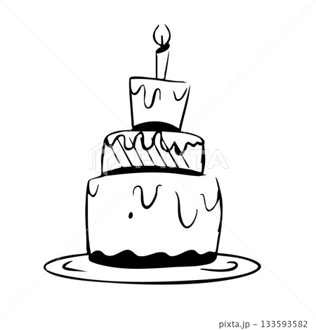 Black and white logo drawing in doodle style of a birthday three tier cake with a candle. Black and white logo drawing in doodle style of a birthday three tier cake with a candle. 133593582