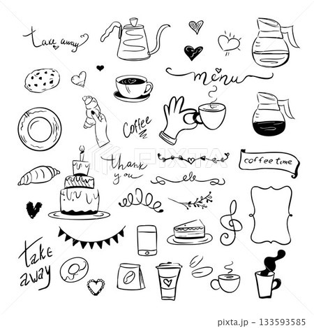 A collection of vector graphics illustrations in doodle style. Coffee shops, cafes, menu design, pastries, croissants, and cakes. 133593585