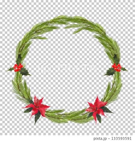 Watercolor illustration of a Christmas wreath with fir branches and a red poinsettia flower. 133593591