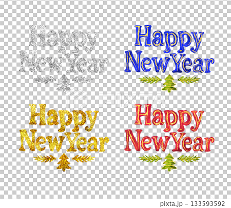 Bright, shiny Happy New Year lettering. Silver and gold glitter, red and blue colors. 133593592