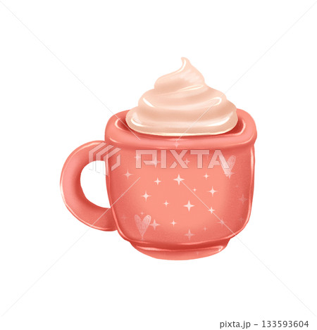 Illustration featuring a cute pink cup with hearts and glitter, filled with a creamy drink. Christmas cocoa. Illustration featuring a cute pink cup with hearts and glitter, filled with a creamy drink. Christmas cocoa. 133593604
