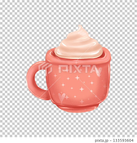 Illustration featuring a cute pink cup with hearts and glitter, filled with a creamy drink. Christmas cocoa. 133593604