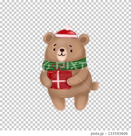Illustration with a cute bear holding a gift. New Year's and Christmas baby animal wearing a hat. 133593606