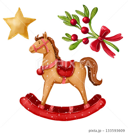 Illustration with a vintage rocking horse, a Christmas gift, a star, and a bouquet with a red bow. Illustration with a vintage rocking horse, a Christmas gift, a star, and a bouquet with a red bow. 133593609