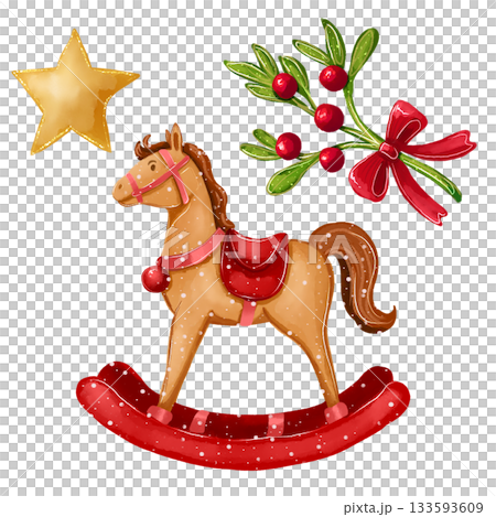 Illustration with a vintage rocking horse, a Christmas gift, a star, and a bouquet with a red bow. 133593609