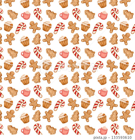 Seamless watercolor Christmas pattern: cocoa in a pink mug, gingerbread cookies, and a gingerbread man. Seamless watercolor Christmas pattern: cocoa in a pink mug, gingerbread cookies, and a gingerbread man. 133593610