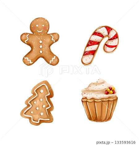 Illustration featuring cute Christmas cookies and a festive cupcake. Illustration featuring cute Christmas cookies and a festive cupcake. 133593616