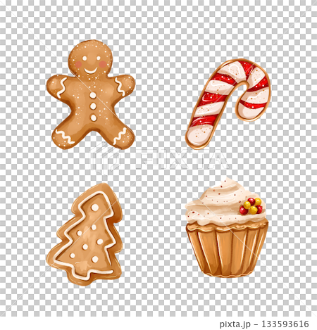 Illustration featuring cute Christmas cookies and a festive cupcake. Illustration featuring cute Christmas cookies and a festive cupcake. 133593616
