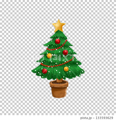 Christmas and New Year illustration with a cute Christmas tree in cartoon and watercolor style. 133593629