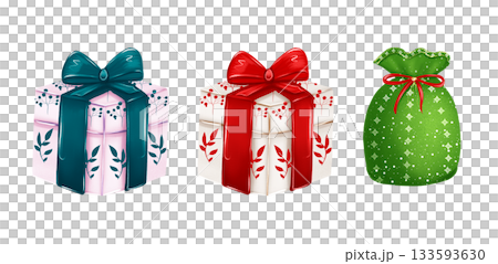 Christmas and New Year illustration of gifts with red and blue bows and Santa's sack of presents. Christmas and New Year illustration of gifts with red and blue bows and Santa's sack of presents. 133593630