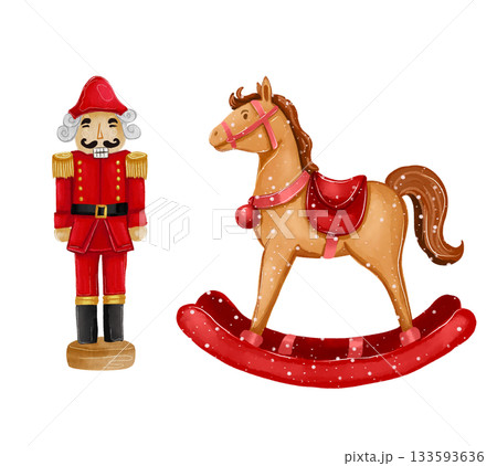 Christmas illustration of a little girl and a horse. Cartoon watercolor style. 133593636