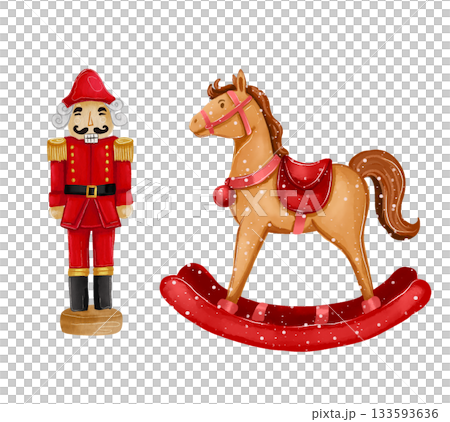 Christmas illustration of a little girl and a horse. Cartoon watercolor style. 133593636