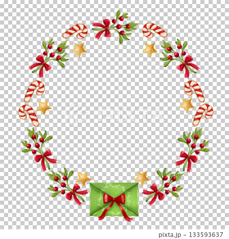 Illustration of a Christmas wreath with sweets, flowers, stars, and an envelope with a wish for Santa Illustration of a Christmas wreath with sweets, flowers, stars, and an envelope with a wish for Santa 133593637