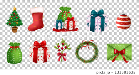 A collection of Christmas and New Year cartoon illustrations featuring a Christmas tree, gifts, and decorations. A collection of Christmas and New Year cartoon illustrations featuring a Christmas tree, gifts, and decorations. 133593638