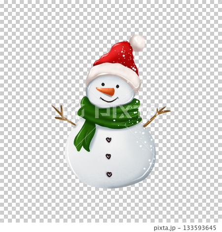Cartoon illustration of a cheerful, cute snowman wearing a scarf and hat. Cartoon illustration of a cheerful, cute snowman wearing a scarf and hat. 133593645