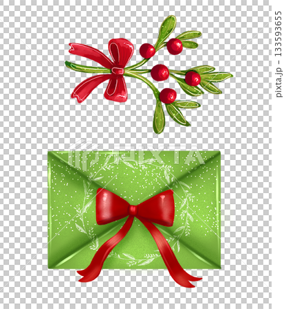 Illustration with a Christmas letter with a red bow and a twig with leaves. 133593655