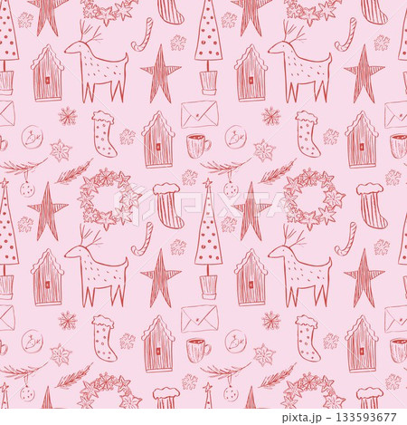 Seamless Christmas pattern in a whimsical Scandinavian style with a reindeer, gingerbread wreath, house, Christmas tree, star  133593677