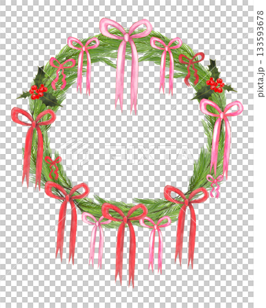 Illustration of a Christmas wreath made of fir branches with trendy pink and red bows. Lettering saying Merry Christmas. 133593678