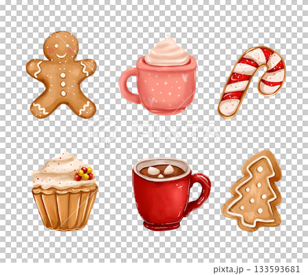 Illustration with cute Christmas treats: gingerbread cookies, cocoa, striped candy, cake. Illustration with cute Christmas treats: gingerbread cookies, cocoa, striped candy, cake. 133593681