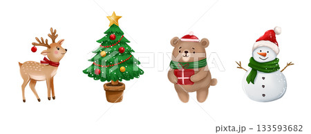 Illustration with cute New Year characters. With a fawn, a Christmas tree, a mink with a gift in Santa's hat, and a snowman. 133593682