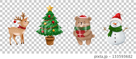 Illustration with cute New Year characters. With a fawn, a Christmas tree, a mink with a gift in Santa's hat, and a snowman. 133593682