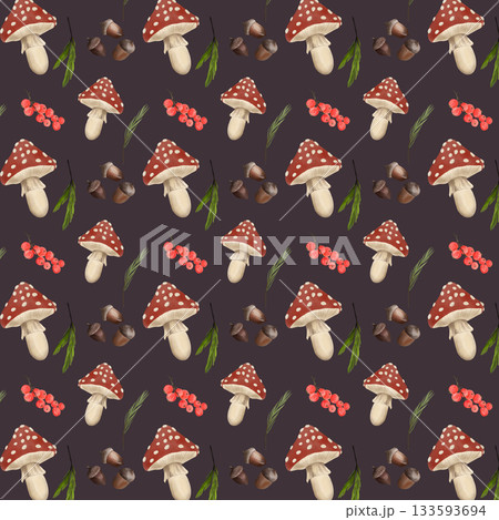 Autumn watercolor seamless pattern of toadstools, berries, spruce twigs, acorns. Autumn watercolor seamless pattern of toadstools, berries, spruce twigs, acorns. 133593694