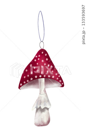 Watercolor illustration of New Year and Christmas tree decoration, toadstool. Vintage mushroom decoration. Watercolor illustration of New Year and Christmas tree decoration, toadstool. Vintage mushroom decoration. 133593697